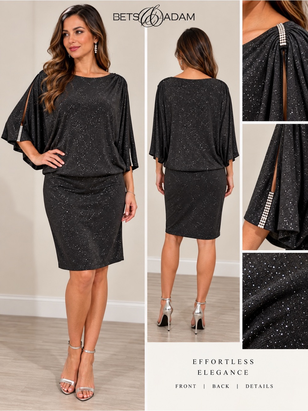Betsy & Adam Gray Glitter Rhinestone Draped Sleeve Cocktail Dress 12 EUC✨